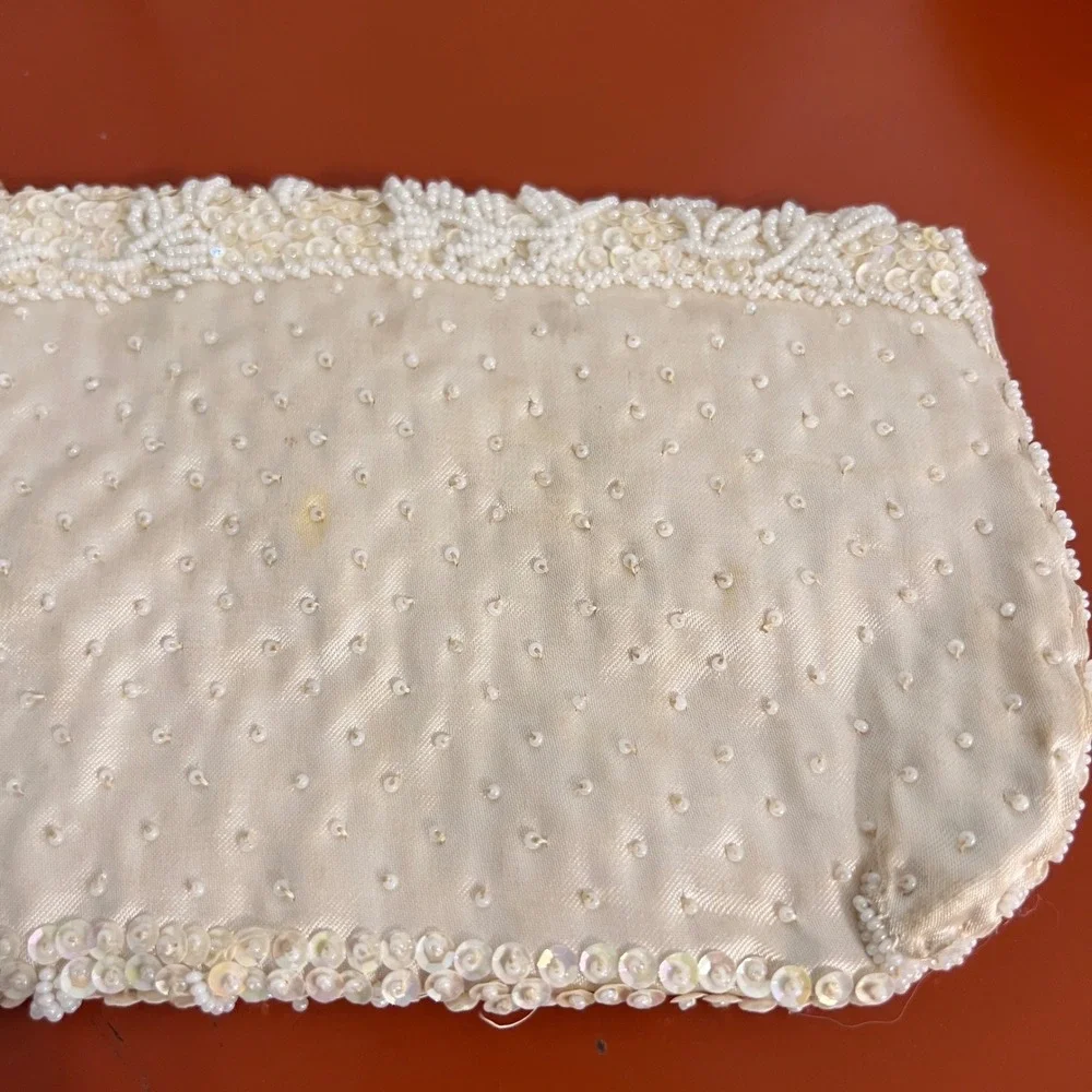 Vintage Ivory Beaded Sequin Satin Clutch Bag Evening Wedding Bridal Cream 9x5
